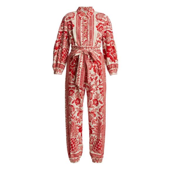 FARM Rio Pineapple Garden Floral-Print Linen-Blend Jumpsuit in Red & White Sz M - Picture 6 of 16